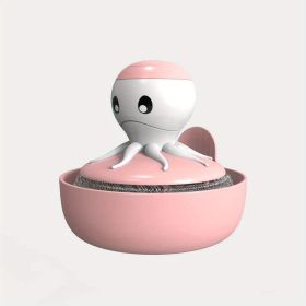 1pc; Cartoon Octopus Pot Brush With Holder; Iron Sponges Scrubbers; Cleaning Ball; For Pot; Pan; Dish; Kitchen Sink Cleaning; Kitchen Gadgets (Color: pink)