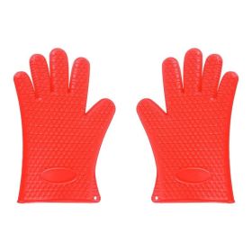 Silicone Gloves Heat Resistant Oven Mitts for BBQ Baking (Color: Red, type: Kitchen Supplies)