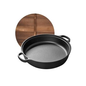 Uncoated Frying Pan with Dual Handles and Wooden Lid(AMZ Shipping) (Color: Black, Pan Diameter: 11inch)
