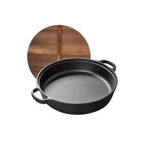Uncoated Frying Pan with Dual Handles and Wooden Lid(AMZ Shipping) (Color: Black, Pan Diameter: 11.8inch)