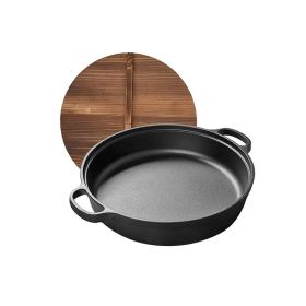 Uncoated Frying Pan with Dual Handles and Wooden Lid(AMZ Shipping) (Color: Black, Pan Diameter: 13.8inch)